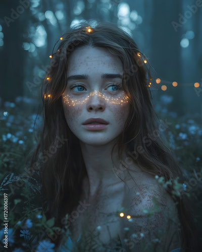 Fantasy Portrait of Young Woman with Glowing Lights in Enchanted Forest Surrounded by Wildflowers