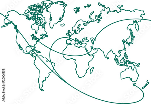 Vector art of world map with a green line showing a route across continents and oceans
