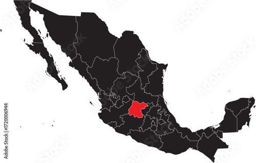 Aguascalientes State Region on Mexico Map