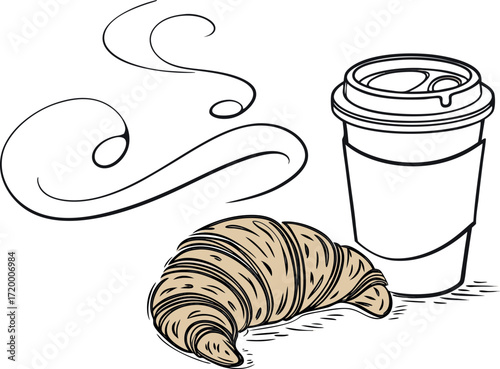 Vector art of handdrawn sketch of a croissant and a steaming cup of coffee