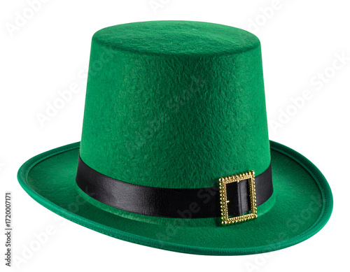 A vibrant green hat adorned with a black band and a gold buckle, perfect for festive celebrations and events.