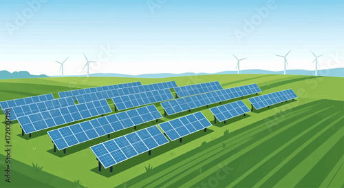Solar Panel Array on a Green Hillside with Wind Turbines in the Background