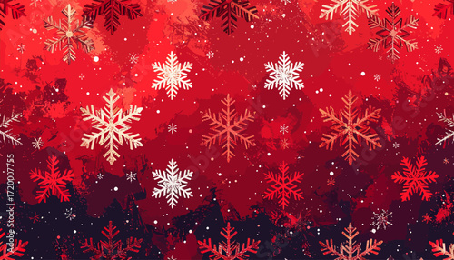 Vibrant abstract red winter background adorned with a flurry of elegant white snowflakes, creating a festive and seasonal atmosphere perfect for holiday designs and celebratory greetings