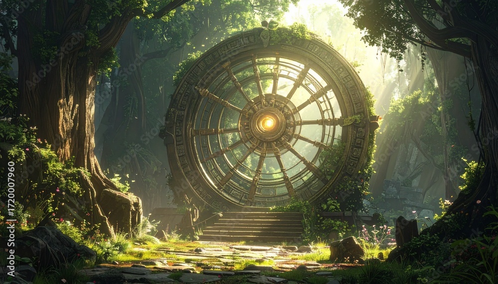 Naklejka premium Abandoned Mechanical Wheel in Forest