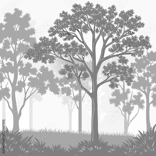 Vector illustration of a black tree silhouette with detailed branches and roots representing nature and the changing seasons