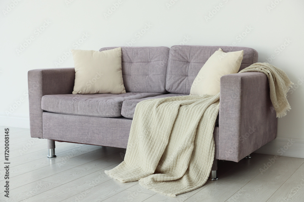 Fototapeta premium Comfortable gray sofa with blanket and cushions in room