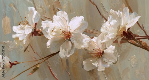 Beautiful White Blossom Branch with Soft Petals on Light Background