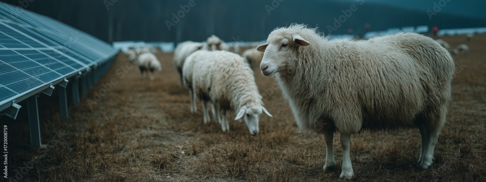 Obraz premium Solar Panels Installed on Farmland with Sheep Grazing in a Natural Landscape