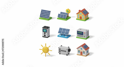 Collection of solar energy icons for renewable power generation and sustainable living
