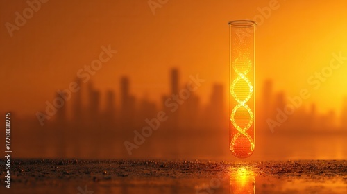 Laboratory glass test tube under strong light with dna helix reflection representing science research in hot climate study