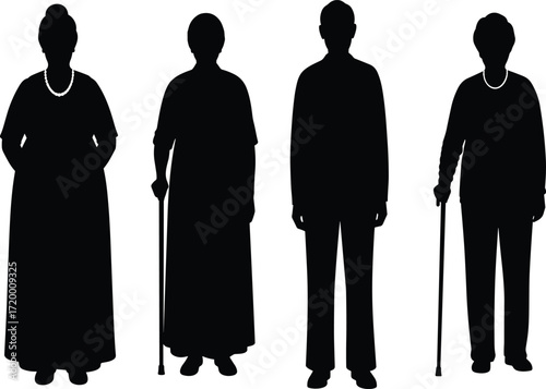 Elderly people silhouette illustration, senior citizens standing with cane, old man and woman figures, aging society concept, retirement lifestyle design
