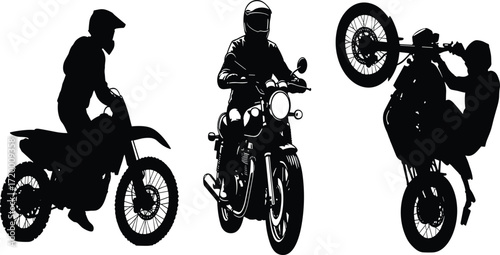 Motorcycle rider silhouette collection, biker performing stunt wheelie, dirt bike and street motorbike illustration, extreme sports action, motocross racing design