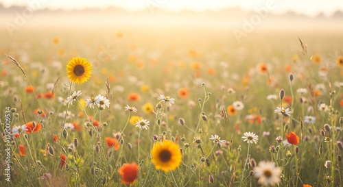 Wallpaper Mural 朝霧輝く野花畑 色鮮やか太陽光浴びて咲く. AI Generated Torontodigital.ca