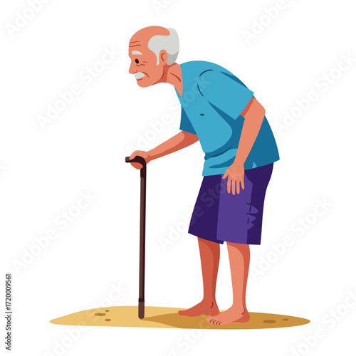 Elderly man barefoot in sand using cane and looking down with effort  