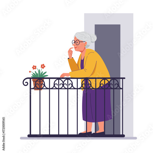Retired woman thinking while standing on balcony with potted plant  