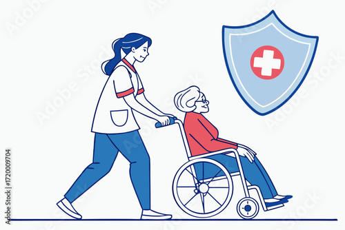 Senior Care Vector with Nurse Pushing Wheelchair