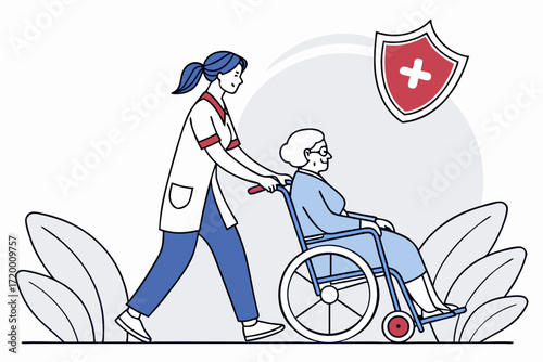 Nursing Service Vector Illustration with Wheelchair Scene
