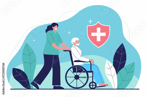 Elderly Care Vector Illustration with Medical Protection Symbol
