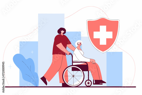 Flat Style Illustration of Nurse and Patient in Wheelchair