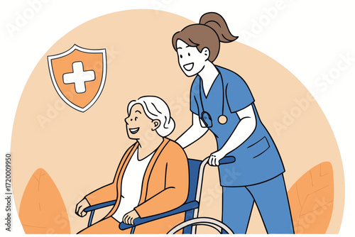 Senior Woman in Wheelchair and Nurse Vector Art