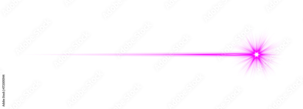 Obraz premium Bright magenta glowing laser beam with starburst flare on transparent background, neon pink purple light streak, futuristic cosmic energy ray