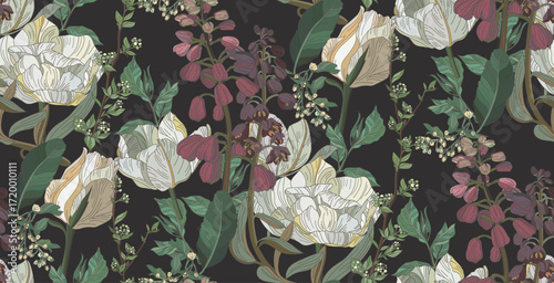 Vintage style flowers and leaves, seamless pattern on brown background	
