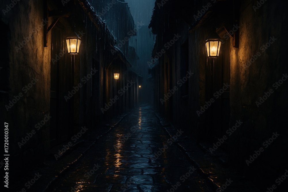 Fototapeta premium Narrow alley with wet pavement, light rain dripping from rooftops, reflections of dim lanterns glowing.