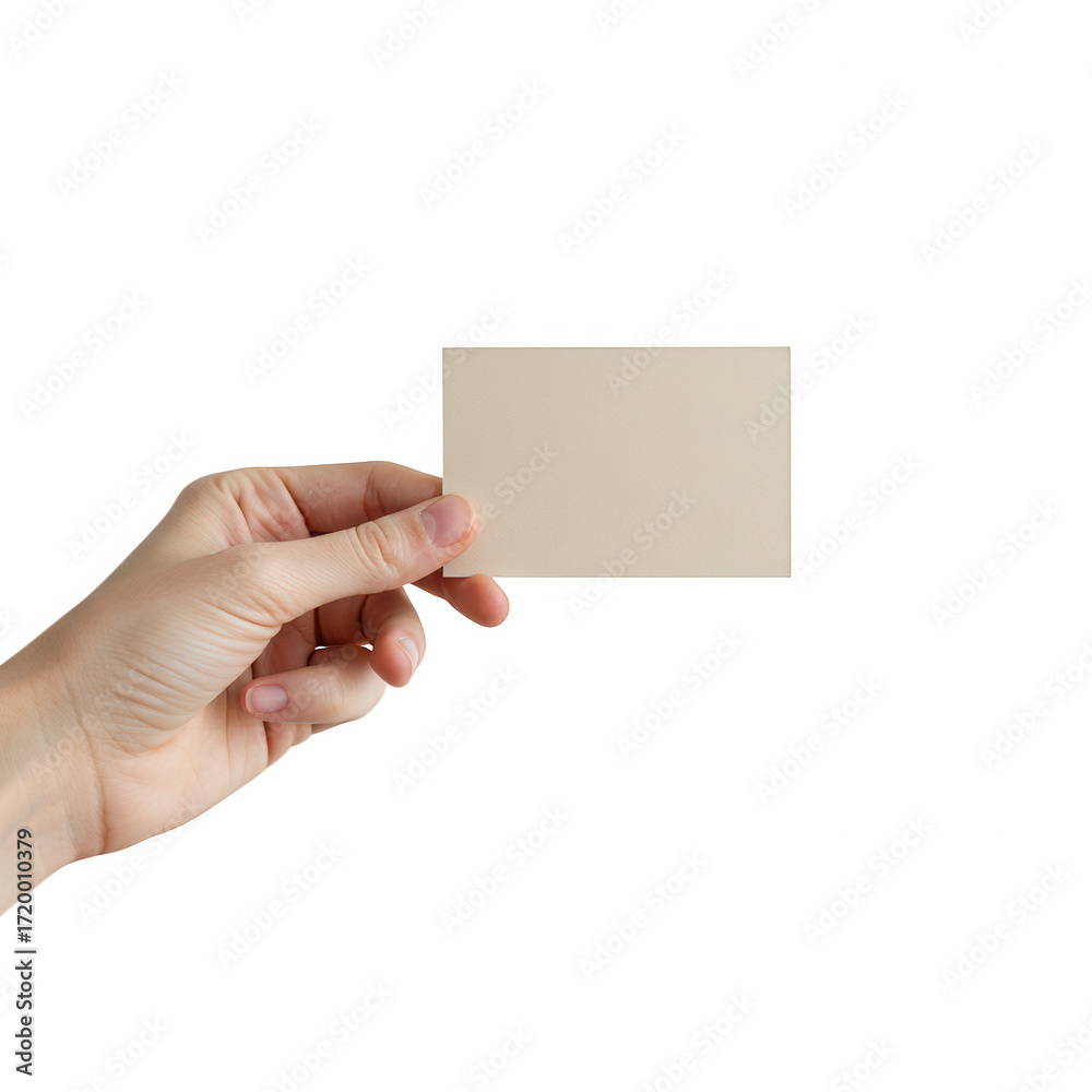 Fototapeta premium Hand holding a blank beige card for branding or contact information isolated on transparent background