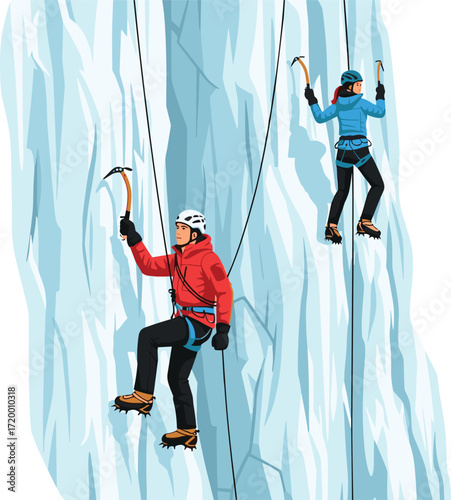 Two climbers scaling icy cliff, man and woman mountaineering with ropes and gear, adventure sport, winter activity, outdoor extreme challenge