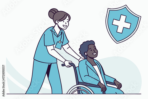 Doctor Pushing Wheelchair Vector Illustration