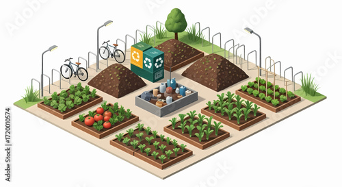 Urban gardening and composting illustration showcasing sustainable community agriculture