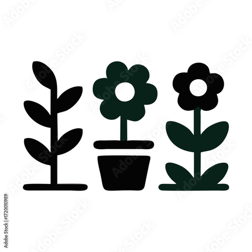 Simple black silhouettes of a sprout, potted flower, and flowering plant.