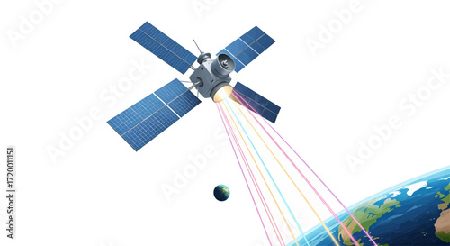 Advanced orbital satellite beaming colorful communication signals across the globe, illustrating global data transmission and modern technological connectivity for worldwide information exchange