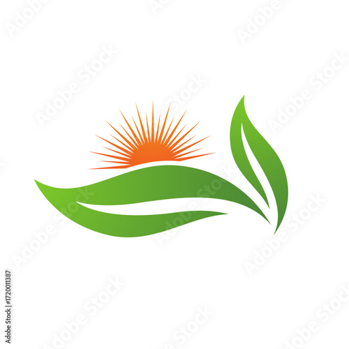 Green leaves and rising sun logo symbolizing growth and nature