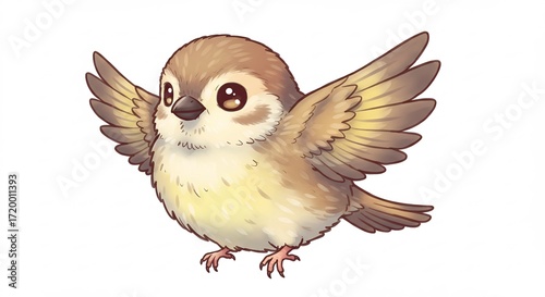 可愛い小鳥 羽根広げ飛び立つ 優しい光包む. AI Generated