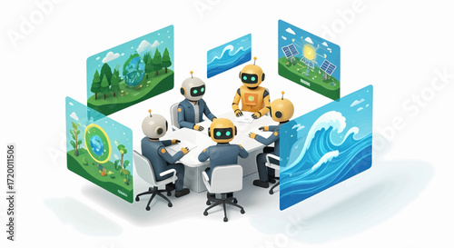 Artificial intelligence robots gather in a collaborative meeting to strategize and innovate solutions for global environmental sustainability and a greener future