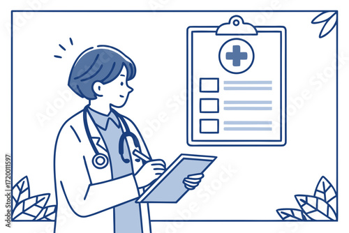 Flat Design Doctor Standing with Healthcare Clipboard