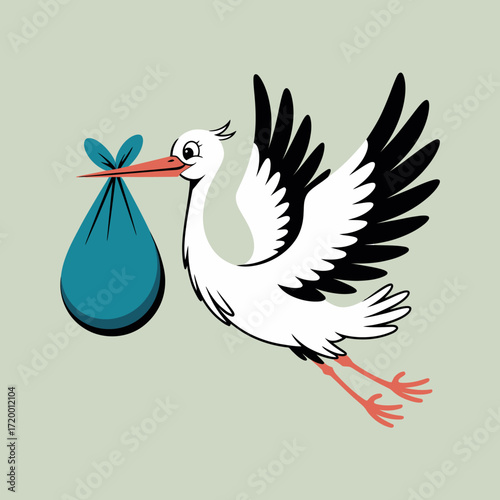 Stork delivering a baby bundle with a blue cloth tied with a ribbon