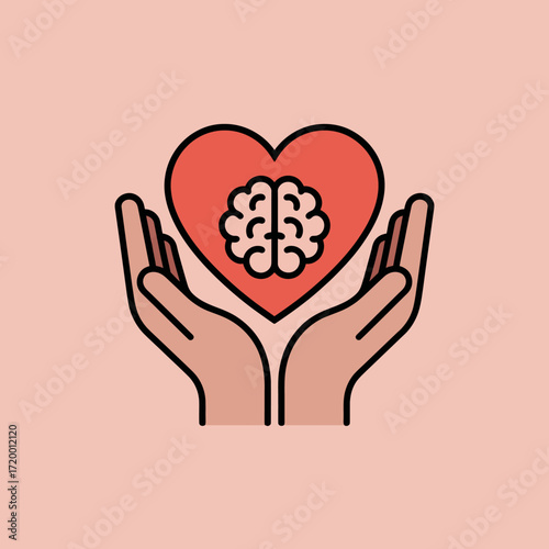 Hands holding heart with brain inside symbolizing mental health and care