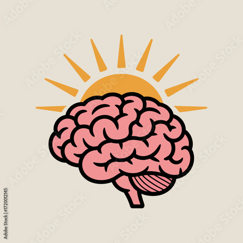 Stylized brain with sun rising behind it symbolizing ideas and awakening