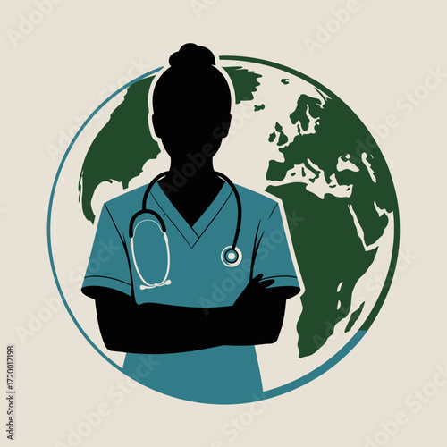 Healthcare worker silhouette in front of a globe representing global health care