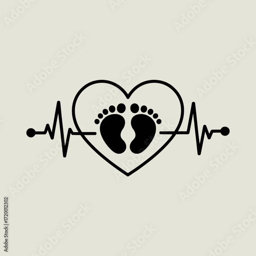 Heartbeat ekg line with baby footprints inside a heart shape
