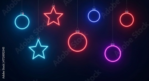 Modern Festive Glow: Hanging Neon Light Christmas Ornaments Stars and Circles in Luminous Colors.