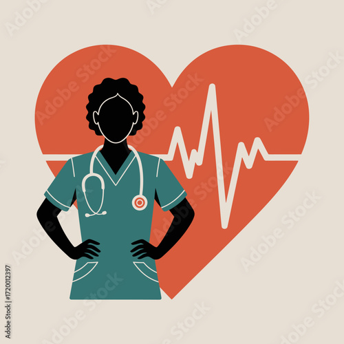 Silhouette of a black female healthcare professional in scrubs with a stethoscope in front of a heart and electrocardiogram