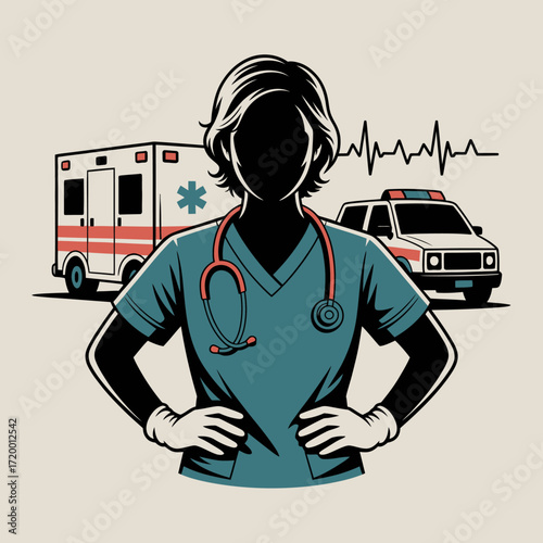 Medical professional in scrubs with stethoscope and ambulance in background