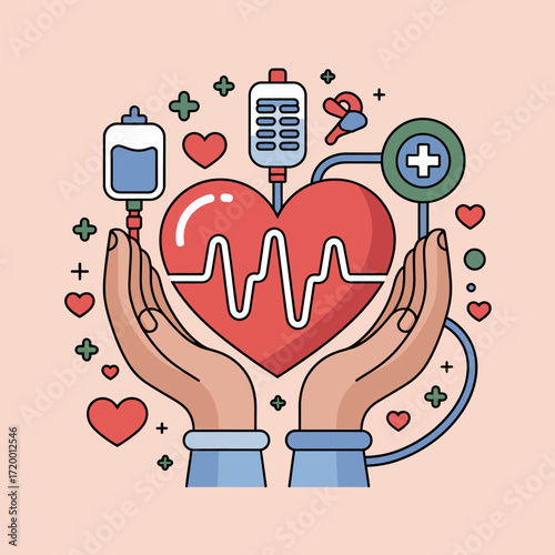Hands holding a heart with medical equipment symbolizing healthcare and life support