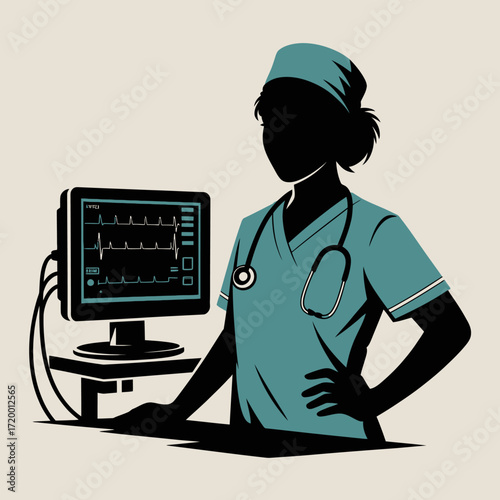 Nurse in scrubs and cap with stethoscope monitors patient vitals on screen
