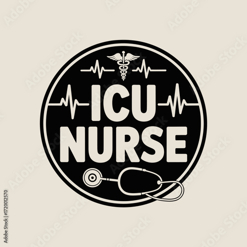 Icu nurse emblem with caduceus and heartbeat