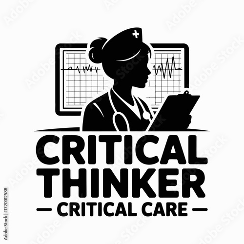 Critical thinker critical care nurse silhouette with ekg and clipboard