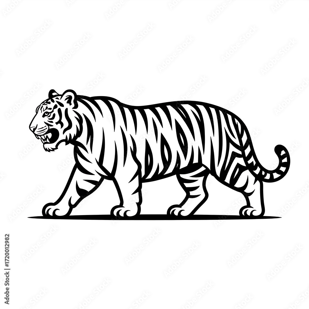 Fototapeta premium Striking Black and White Illustration of a Majestic Tiger on the Prowl Depicting Power and Grace